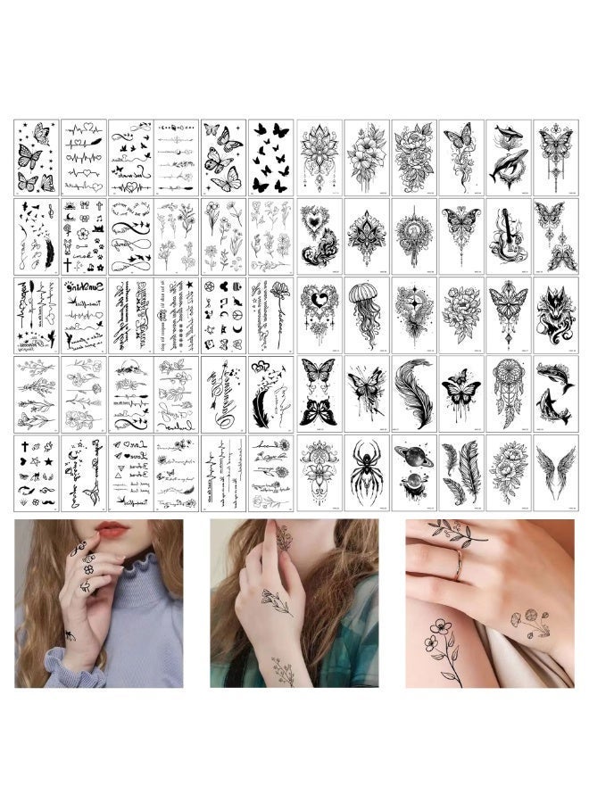 FLOVAZO 60Pcs Waterproof Temporary Tattoo Stickers - Butterfly Animal Feather Planet Wing Flower Designs For Kids, Adults, Men & Women (Black) - Image 5